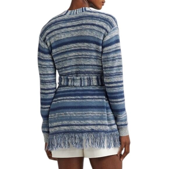 NWT Lauren Ralph Lauren Blue Striped Belted Linen-Cotton Cardigan Size Medium - Picture 4 of 15